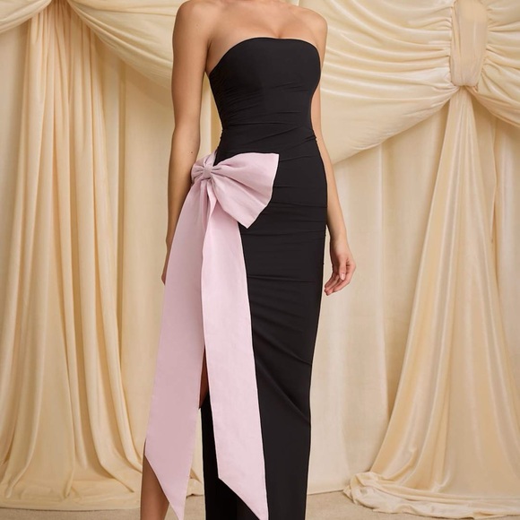 Oh Polly Black Strapless Dress with Pink Bow - Picture 1 of 9
